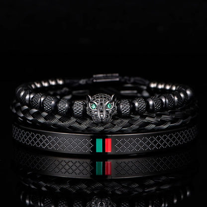 Black Set A Handcrafted Luxury Braided Stainless Steel Bracelet for Men - CZ Leopard Head with Green and Red Enamel Accents