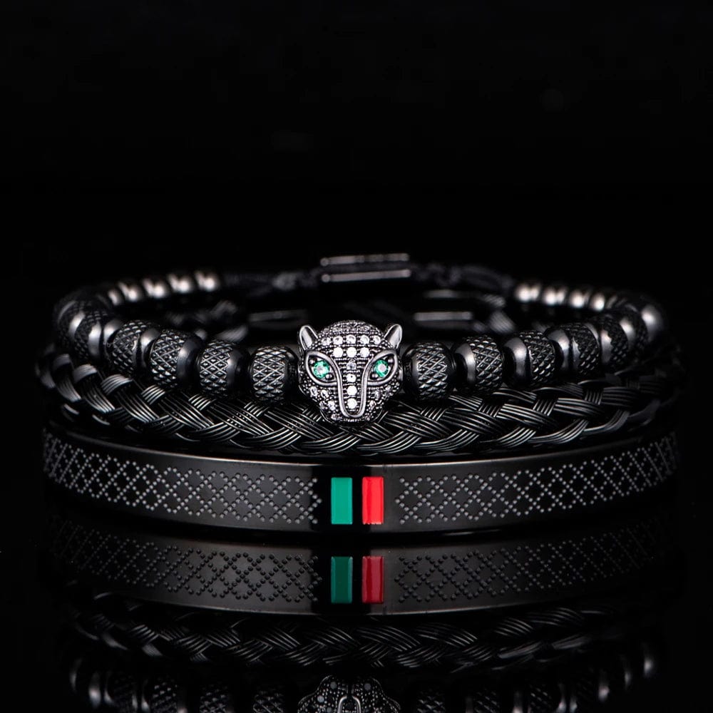 Black Set B Handcrafted Luxury Braided Stainless Steel Bracelet for Men - CZ Leopard Head with Green and Red Enamel Accents