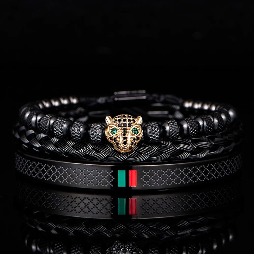 Black Set C Luxury Handmade Braiding Bracelet  Men Pave CZ Leopard Head Enamel Green Red Bracelet Stainless Steel Jewelry Dropshipping