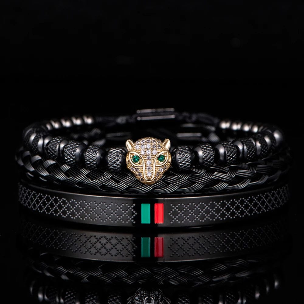 Black Set D Luxury Handmade Braiding Bracelet  Men Pave CZ Leopard Head Enamel Green Red Bracelet Stainless Steel Jewelry Dropshipping