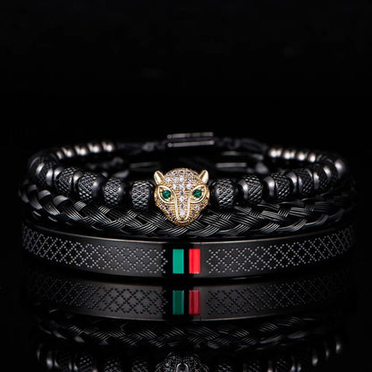 Black Set D Luxury Handmade Braiding Bracelet  Men Pave CZ Leopard Head Enamel Green Red Bracelet Stainless Steel Jewelry Dropshipping