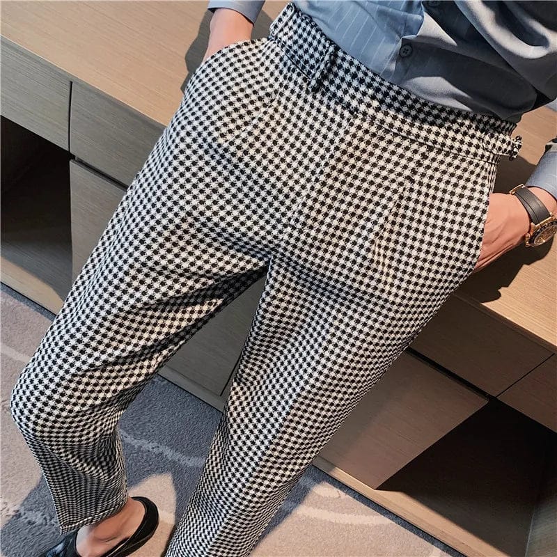 Black White / 30 / CHINA British Style Autumn New Fashion Stripe Plaid Suit Pant Men High Waist Design Slim Fit Office Pants Mens Groom Wedding Trousers