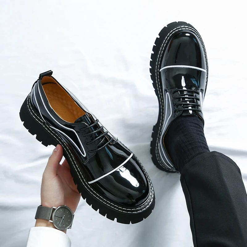 Black White / EU 38 - UK 5 - US 6 Men's Black Patent Leather Formal Shoes | Lace-Up Business Dress Shoes with Thick Sole