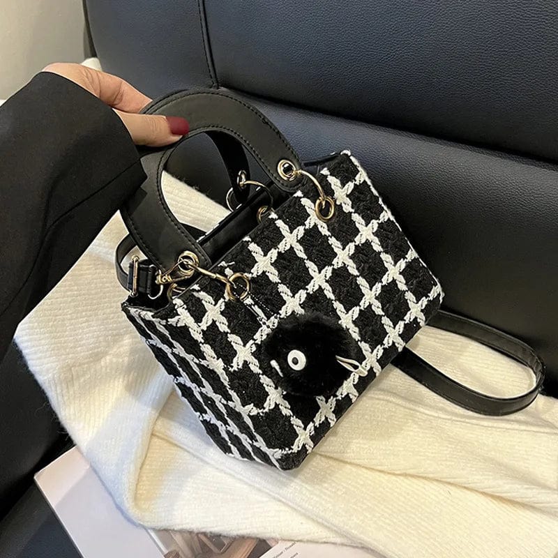 Black with pendant / 15X19X9cm Mini Small Square Bag Classic Plaid Women Bags Woolen Brand Luxury Handbag Designer Shoulder Bag Purse Clutch Crossbody Lady Bag