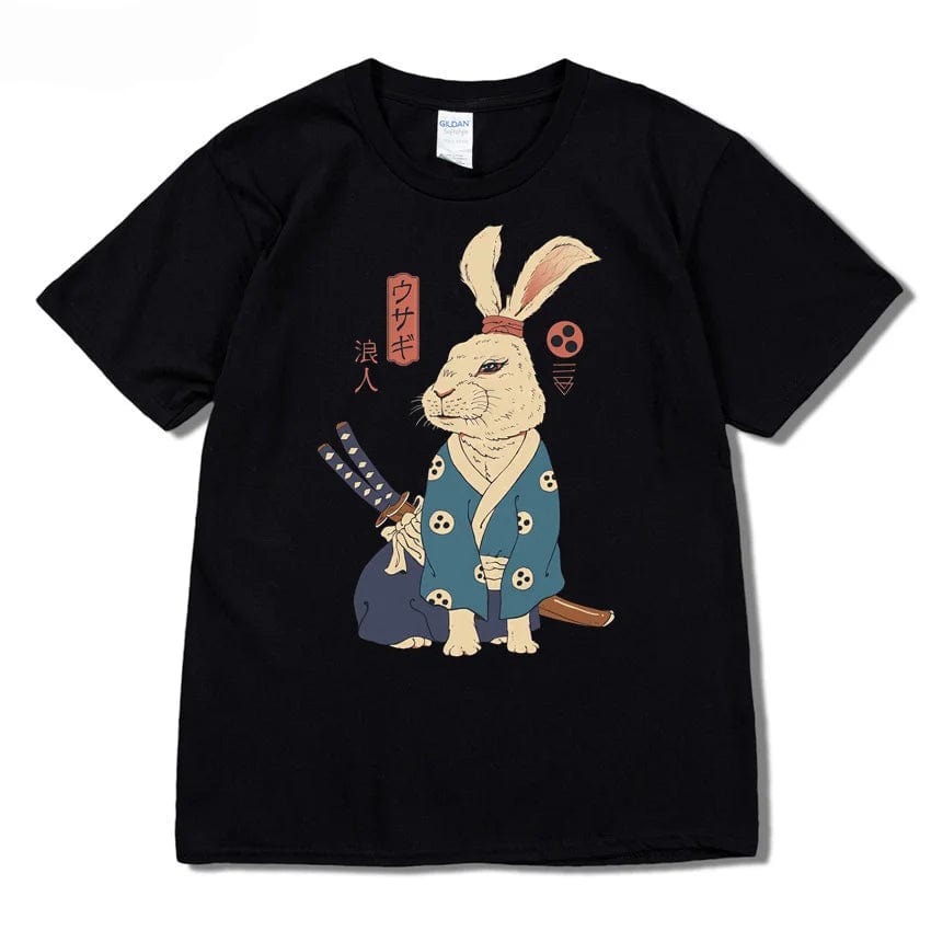 Black / X SMALL Ninja Rabbit T Shirt Casual Short Sleeve Japanese Summer Tee