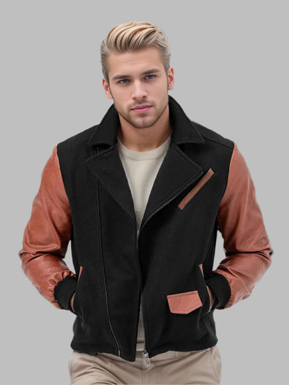 black / XL Men's new PU leather jacket spliced lapel jacket color matching trendy versatile men's clothing zipper jacket