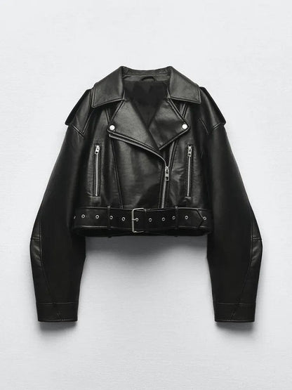 Black / XS Ailegogo Women Vintage Loose Pu Faux Leather Short Jacket with Belt Streetwear Female Zipper Retro Moto Biker Coat Outwear Tops