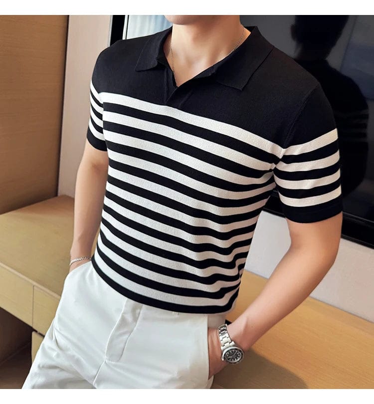 Black / XS British Men's Slim Fit Polo T-shirt with Contrasting Stripes - Summer Knit Casual Lapel Style