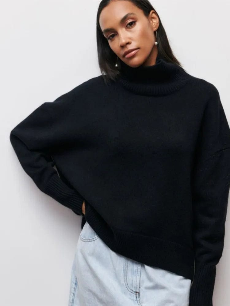 Black / XS Chic Comfort: Women's Turtleneck Sweater - Solid, Elegant, and Thick for Warmth in Autumn and Winter - Long Sleeve Knitted Pullovers for Casual Sophistication