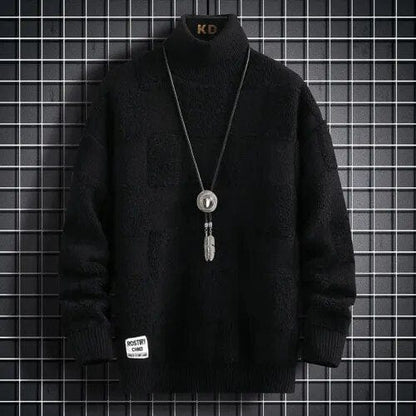 Black / XS Deep Focus Sweater - Elevate Your Style: High Neck Thickened Warm Sweater Loose Check Knitted Pullover