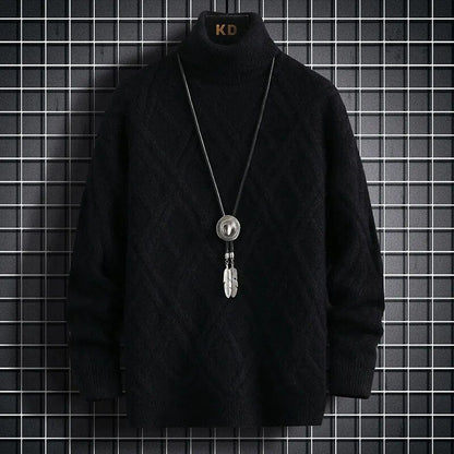 Black / XS Diamond Turtleneck Sweater - Knit Pullovers Autumn Winter Slim Fit Solid Colour Diamond Stripes