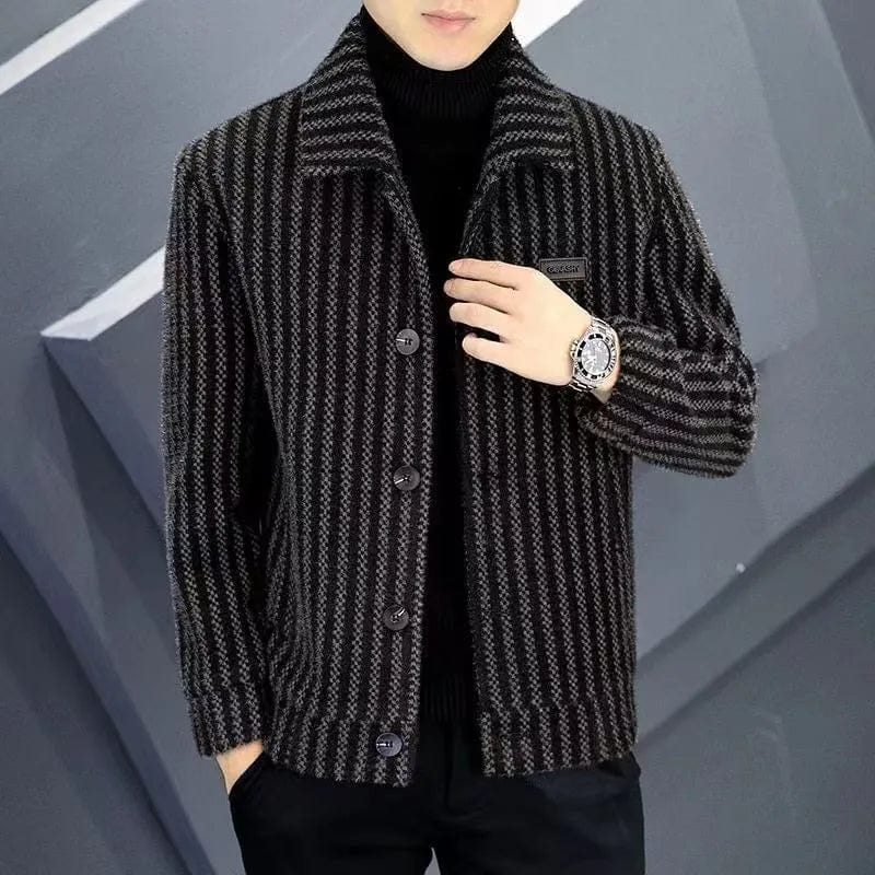 Black / XS Effortlessly Stylish: Men's Lapel Print Stripe Loose Top Jacket - New Fashion Casual Coat with Simple Cropped Buttons