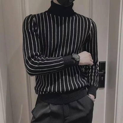 black / XS Fashion Printed Knitted Spliced Korean Turtleneck Striped Sweater Men Clothing 2022 Autumn New Loose Casual Pullovers Warm Tops