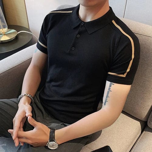 Black / XS Men's Color Block Striped Knitted Polo Shirt – Slim Fit Short Sleeve Cotton Lapel Streetwear Tee