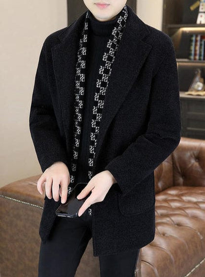 Black / XS Men's Slim Fit Plush Woolen Stylish Winter Trench Coat