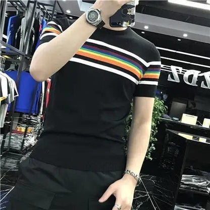 Black / XS Men's Stretch Knit Patchwork Striped T-Shirt – Casual Short Sleeve O-Neck Streetwear Top