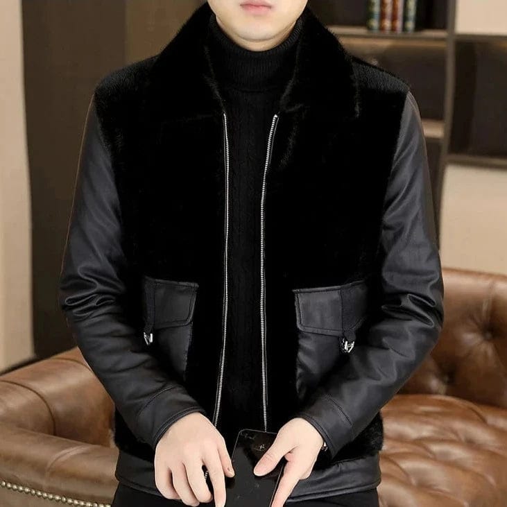 Black / XS Men's Winter Faux Fur Lined Leather Jacket – Thick Warm Casual Business Overcoat