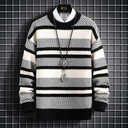 Black / XS Serenity Stripe Pattern Sweater - Elevate Your Style: Knitted Thickened Pullover Vintage O-Neck Winter Sweater