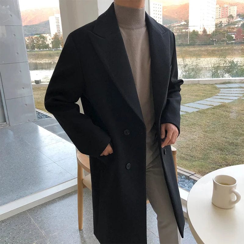 Black / XXL IEFB Men's Autumn Winter Mid Length Woolen Coat New Korean Tide Black Thickned Overcoat Long Sleeve Double-breasted Jackets