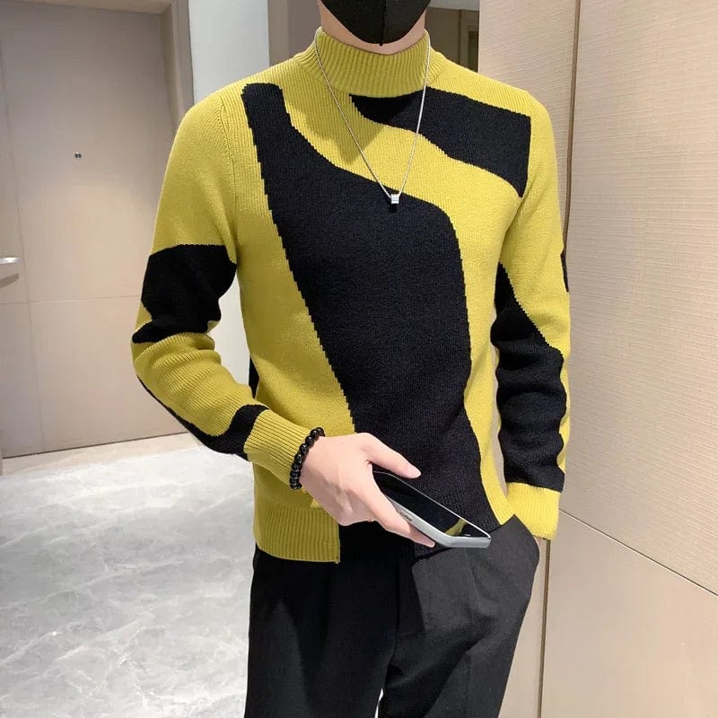 black yellow / M 2023 Autumn/Winter Colored Half Turtleneck Sweater Men Long Sleeve Slim Fit Casual Pullover Social Underlying Knitwear Tops