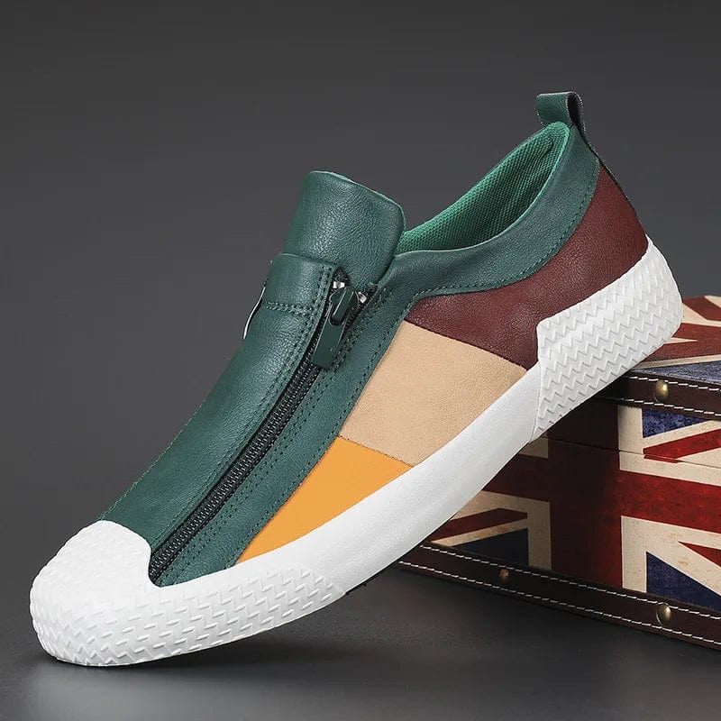 Blackish green / 38 Handmade Leather Casual Men's Sneakers With Zip Detail