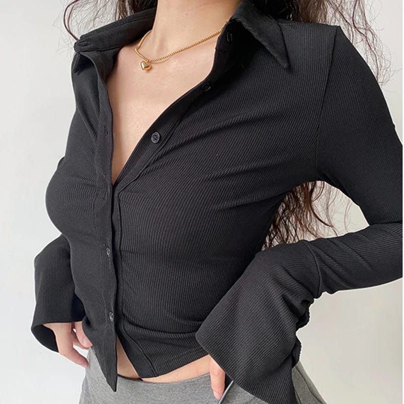 Blouses Polo Lapel Single-Breasted Flared Collar Solid Sleeve Shirt Five-Color Women's Slim Long-Sleeve Women's Autumn Clothing