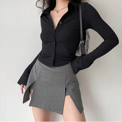 Blouses Polo Lapel Single-Breasted Flared Collar Solid Sleeve Shirt Five-Color Women's Slim Long-Sleeve Women's Autumn Clothing