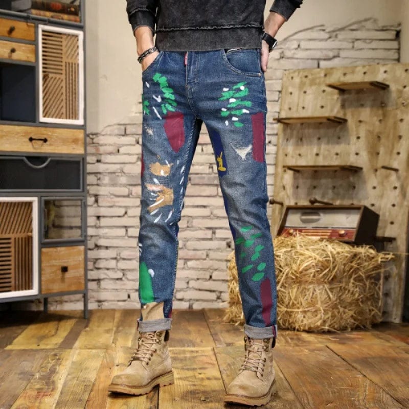 Blue / 28 / Pack of 1 | CHINA Paint Printing Street Design Denim Men's Fashion Scratch Slim High Street Washed-out Vintage Personality Skinny Pants