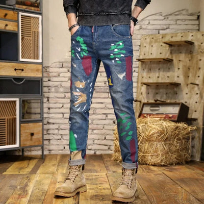 Blue / 28 / Pack of 1 | CHINA Paint Printing Street Design Denim Men's Fashion Scratch Slim High Street Washed-out Vintage Personality Skinny Pants