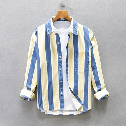 Blue and Yellow / M (Asian Size) Autumn Winter New Men's Loose Casual Shirts Big Pockets Blue and Yellow Striped Fashion Cotton Comfortable Tops AZ194
