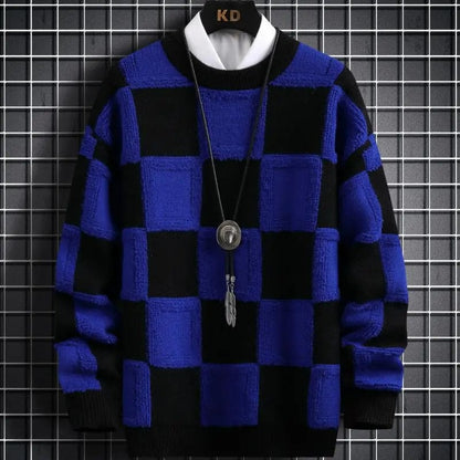 Blue / Asia M(165cm-50kg) New Fall Winter Korean Style Mens Pullovers Sweaters High Quality Thick Warm Cashmere Sweater Men Luxury Plaid Pull Homme 2023