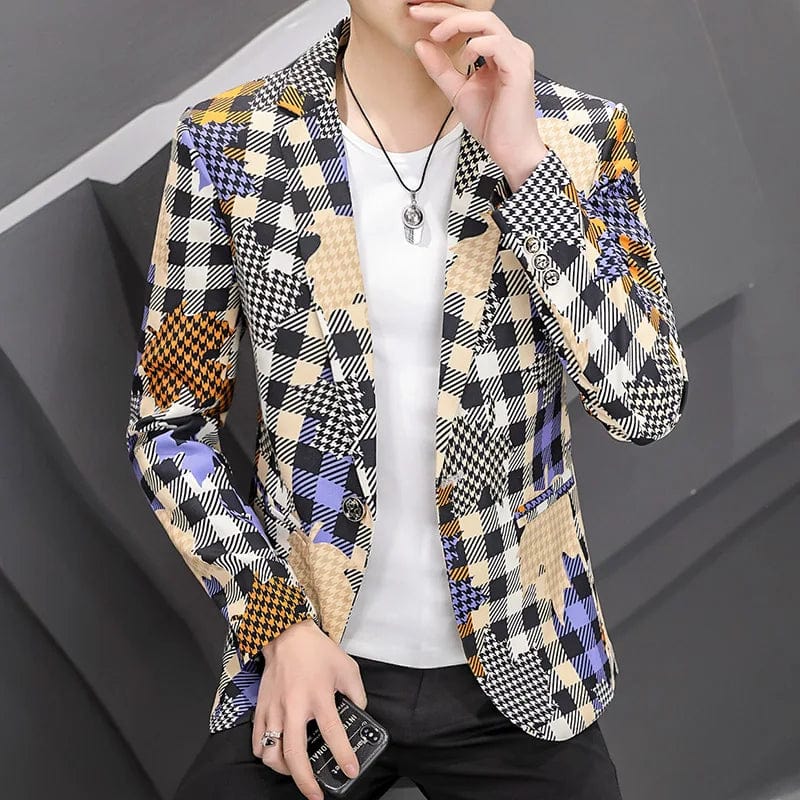 Blue / Asia M 45-52KG 2023 Autumn Plaid Men Blazers Korean Fashion Lim Casual Business Suit Jackets High Quality Male Office Social Streetwear Coat