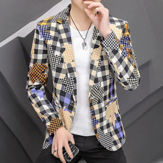 Blue / Asia M 45-52KG 2023 Autumn Plaid Men Blazers Korean Fashion Lim Casual Business Suit Jackets High Quality Male Office Social Streetwear Coat