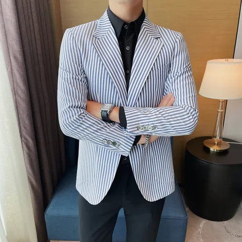 Blue / Asia M 50-57KG High Quality Striped Slim Fit Suit Blazer Jacket for Men