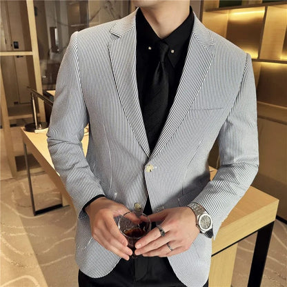 Blue / Asia XXXL 77-82KG Brand Seersucker Blazers Men Fashion Striped Casual Business Suit Jacket Men Clothing Wedding Groom Social Dress Coats M-4XL