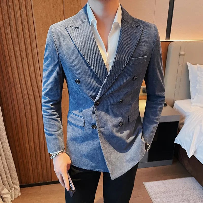 Blue / Asian 2XL 70-78KG Plus Size 4XL-M Double Breasted Corduroy Blazer Jackets For Men Clothing 2023 Business Slim Fit Casual Striped Suit Coats Formal