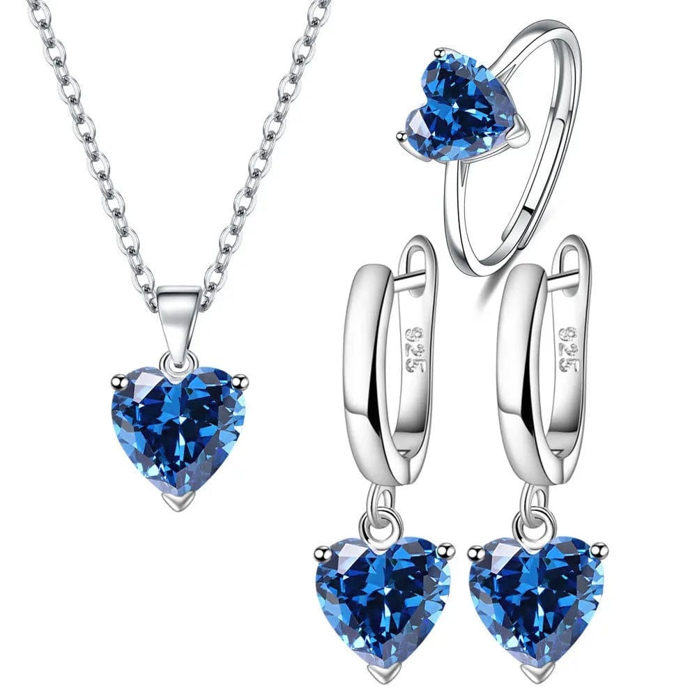 Blue Elegant 925 Sterling Silver Jewelry Sets For Women Heart Zircon Ring Earrings Necklace