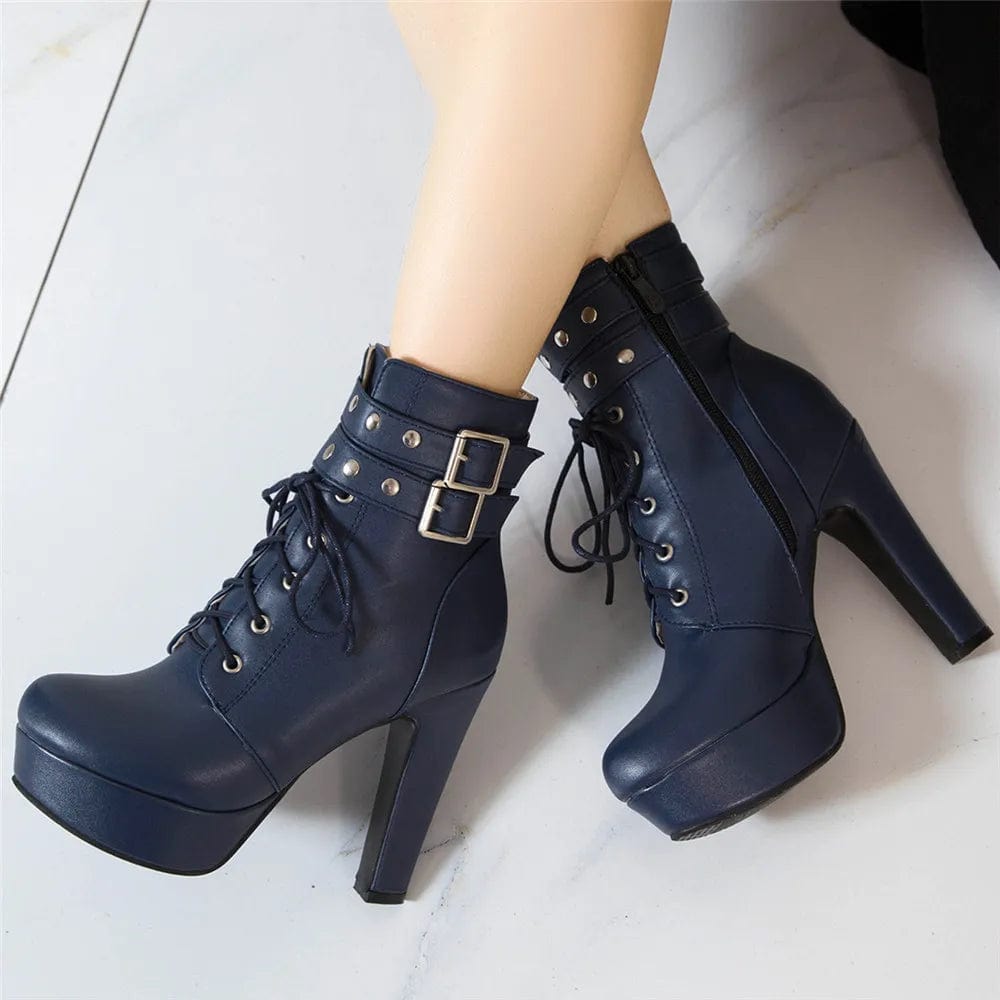 Women s Luxury Lace Up Ankle Boots Platform High Heels with Buckle Zebuci