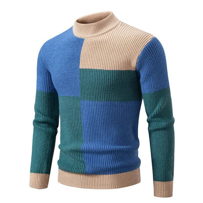 Blue Green / M Men’s Mock Neck Pullovers Youthful Vitality Fashion Patchwork Knitted Sweater Men Slim Casual Pullover Autumn Wintr Knitwear Man
