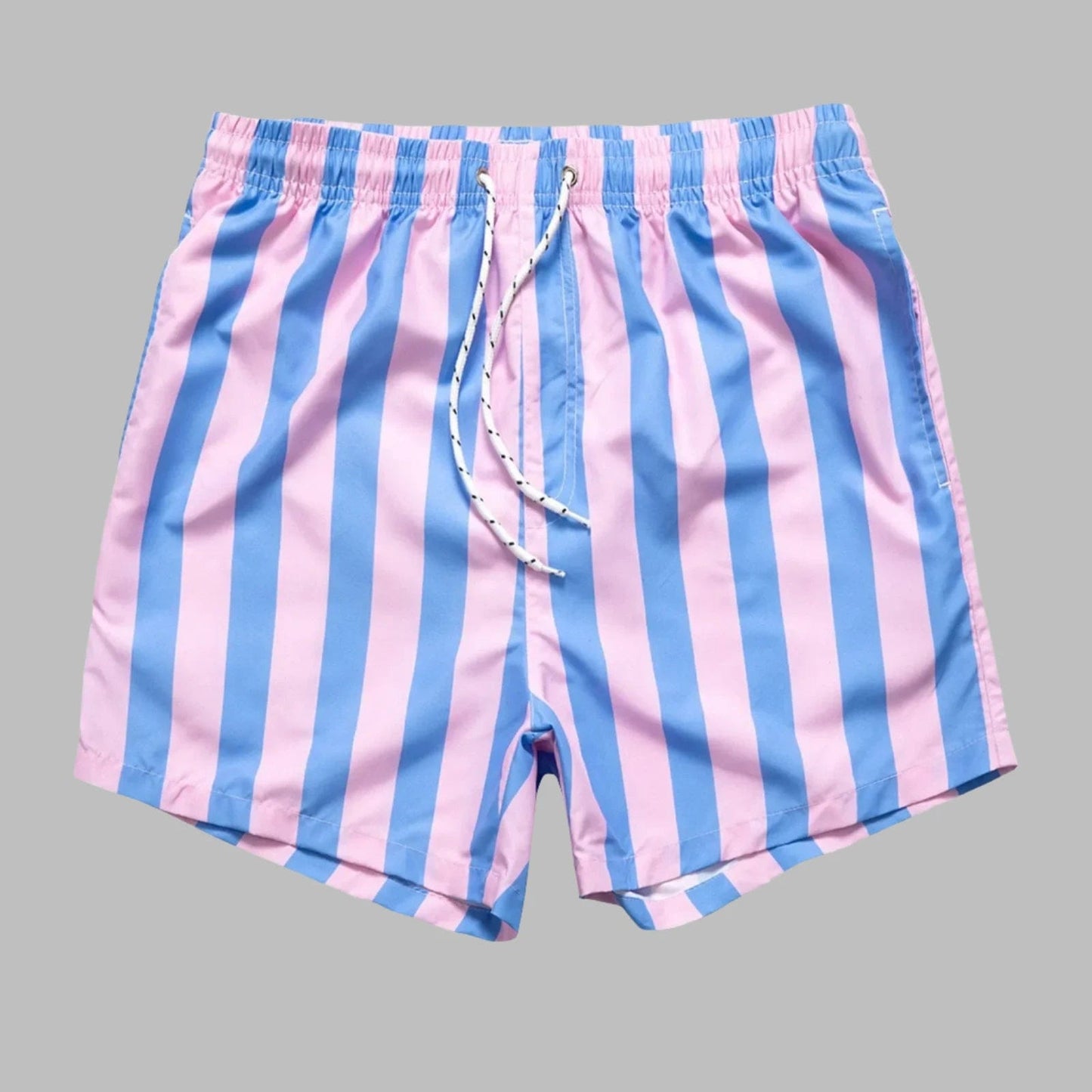 Blue Pink / 36-38 Waist Men's Striped Beach Shorts: Drawstring Swim Trunks, Surfing Boardshorts, Casual Summer Beachwear