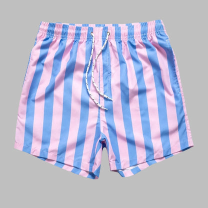 Blue Pink / 36-38 Waist Men's Striped Beach Shorts: Drawstring Swim Trunks, Surfing Boardshorts, Casual Summer Beachwear