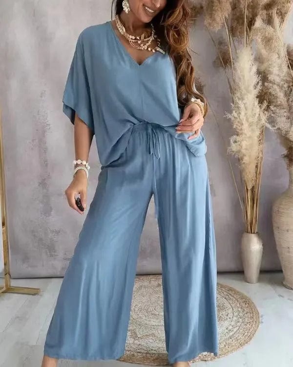 Blue / S 2023 Long Pant Sets Summer two piece set For Women V neck Bat Sleeve Casual Loose Wide-leg Pants 2 piece set solid color Outfits