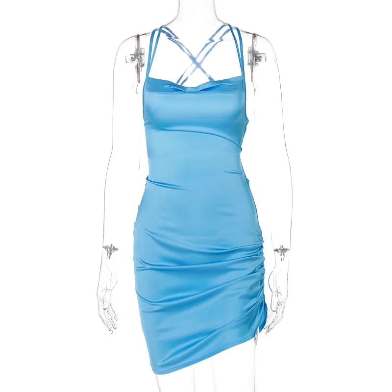 Blue / S Sultry Elegance: Dulzura Satin Mini Dress with Ruched Lace-Up Cross Bandage, Backless Bodycon