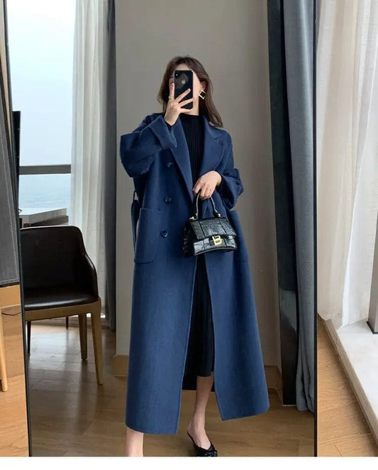 Blue / S Women's Elegant Long Wool Coat – Oversized Double-Breasted Belted Winter Jacket, Thick and Warm Outerwear