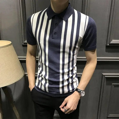 Blue / XL (63-70KG) Summer New Youth Trend Men Striped Polo Shirt Short Sleeve Business Casual Lapel Korean Streetwear Fashion Slim Versatile Tops