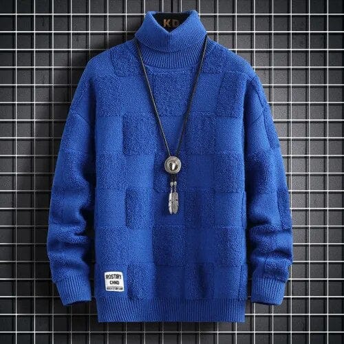 Blue / XS Deep Focus Sweater - Elevate Your Style: High Neck Thickened Warm Sweater Loose Check Knitted Pullover