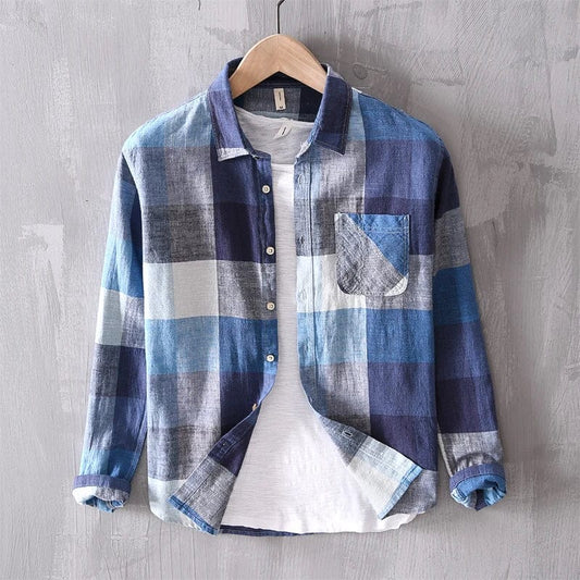 Blue / XS Men's Plaid Cotton Long-Sleeve Shirt – Breathable Linen Blend, Casual Mixed-Color Fashion