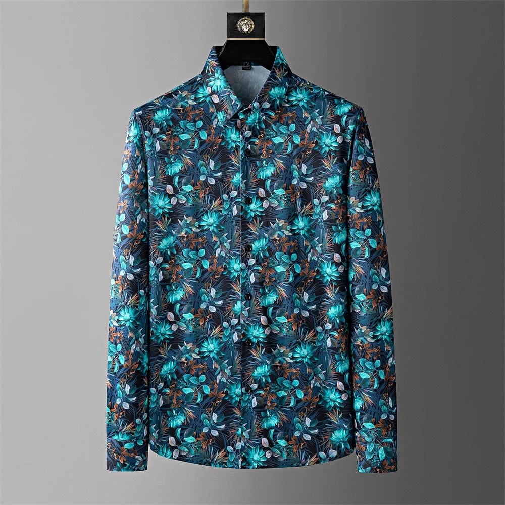 Blue / XS Men's Slim Fit Flower Shirt: Long Sleeved Casual Elegance for High-Quality Business Parties