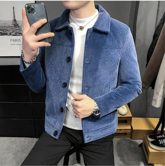 Blue / XS Thickened Wool Blend Streetwear Over Coat Jacket for Men