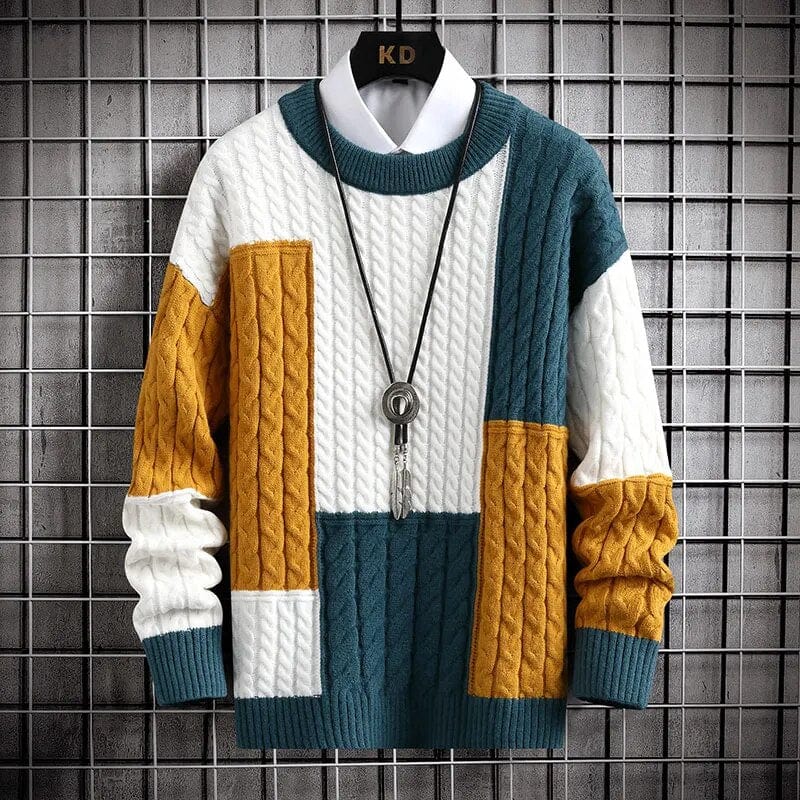 Blue / XS Tokyo Harajuku Sweater - Elevate Your Style: Colour-Blocked O-Collar Warm Sweater - Long Sleeve Loose Knit Pullover